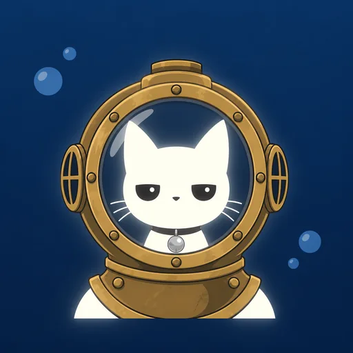 Avatar crop: his flat stare plain through the porthole of a brass diving helmet, against flat deep ocean blue with a few bubbles.