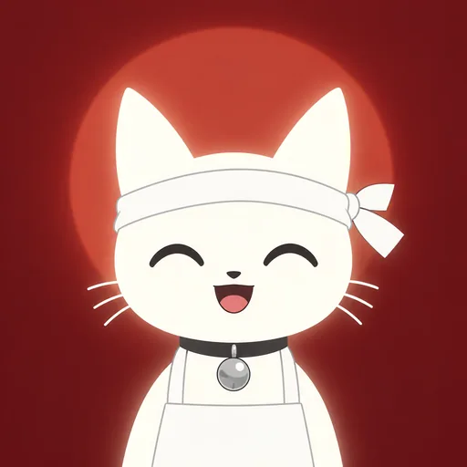 Avatar crop: cheerful with eyes two happy curves, in a folded cloth headband and white apron, against flat warm red with one lantern glow.