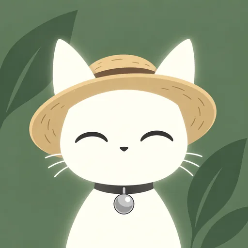 Avatar crop: eyes closed in two soft curves under a wide straw sun hat tipped back, against flat sage green with a few large leaf shapes.