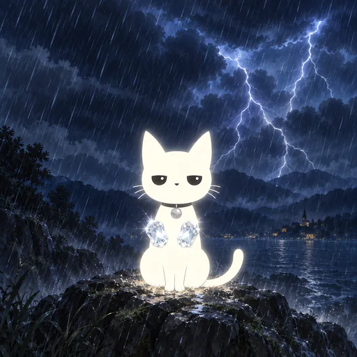 Jaw set and eyes blazing, he braces in a howling storm holding up both front paws, which are solid faceted crystal glittering like cut diamond.