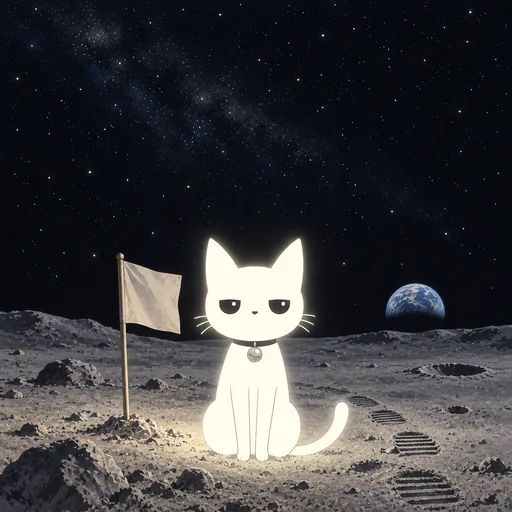 Eyes squeezed shut in a grin with one paw punching the air, he plants a small flag in grey moon dust with the Earth low on the black horizon.