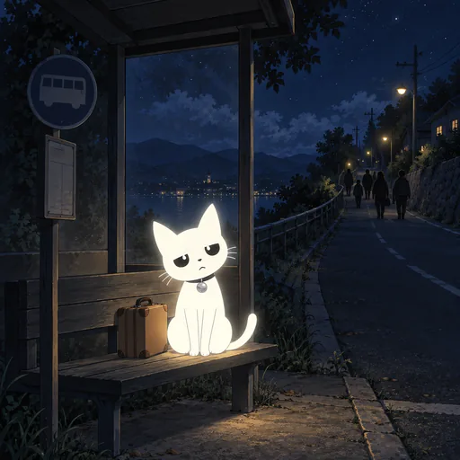 Sitting very still with a flat unreadable stare, he waits alone at a night bus stop with a small suitcase while a crowd of dark silhouettes walks away up the road.