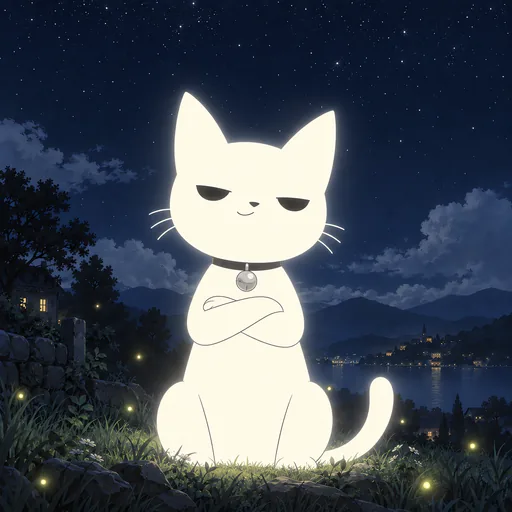 He sits back on the hillside with both front paws folded across his chest, eyes narrowed to smug slits and a tiny closed smirk, chin lifted.
