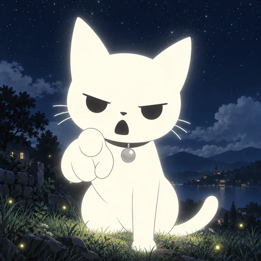 He leans forward on the hillside pointing one paw straight out of the picture at you, eyes narrowed and mouth open mid-sentence.