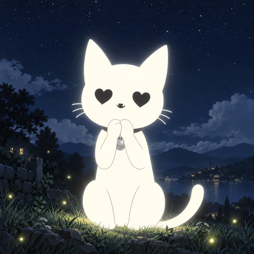He sits with both paws clasped under his chin, his eyes drawn as two dark hearts and his mouth a small happy curve.