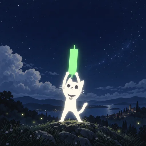 He stands on the hillside holding a tall green bar above his head like a trophy, grinning.