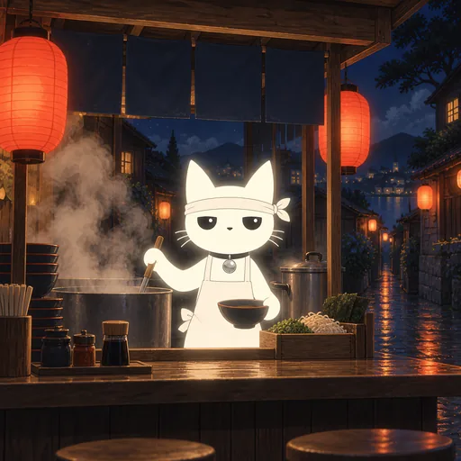 He wears a white apron and a folded cloth headband behind the counter of a tiny ramen stall at night, steam rising off the pots and red lanterns behind him.