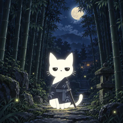 He wears a dark indigo kimono with one shoulder bare and a slim silver katana at his side, on a stone path through a bamboo grove in full moonlight.