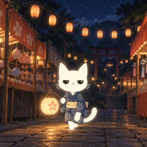 He wears a simple summer yukata and carries a glowing paper lantern on a short pole, walking between market stalls at a night festival.