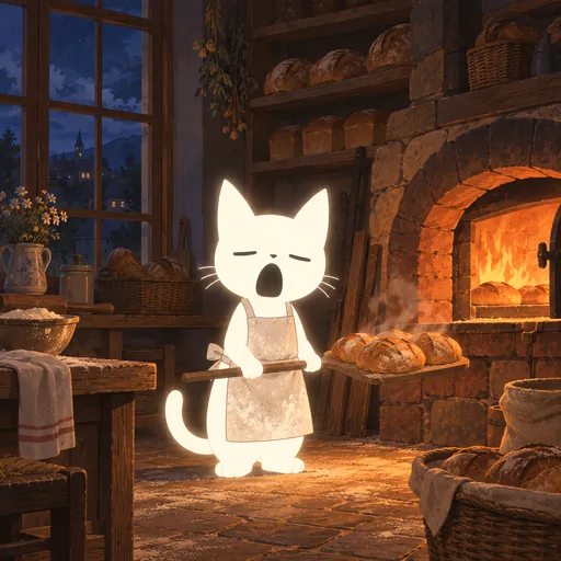 Eyes drooping half shut and his mouth open in an enormous yawn, he carries a peel of fresh loaves in a flour-dusted apron, the oven glowing behind him.