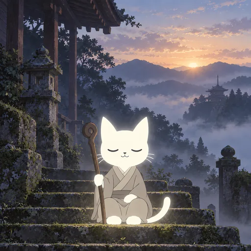 Eyes closed in two calm curves with a faint knowing smile, he sits in meditation in grey robes with a wooden staff on misty stone temple steps at first light.