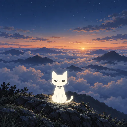 He sits on a bare rock summit above a sea of cloud at first light, distant mountains breaking through the cloud.