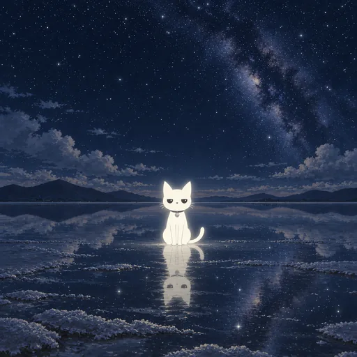 He stands far out on a mirror-flat salt lake at night, a thin film of water holding the whole star field upside down.