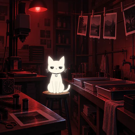 He sits on a stool in a photographer's darkroom, wet prints pegged on a line above the tray, deep red safelight everywhere and his cold glow refusing to match it.