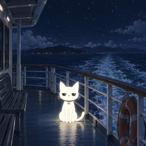He sits by the railing on the empty rear deck of a night ferry, deck lights overhead and a long white wake churning away into the dark sea.